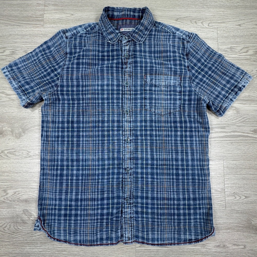32 Bar Blues Men's Button Down Shirt Blue Plaid Short Sleeve Medium Cotton